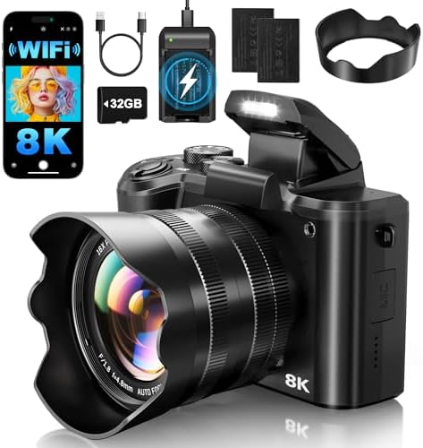 8K Digital Cameras for Photography - Autofocus 88MP WiFi Profession Camera with Dual-Lens - 16X Digital Zoom Photography Camera for YouTube with Lens Hood, Touch Screen, 2 Batteries & Charging Stand
